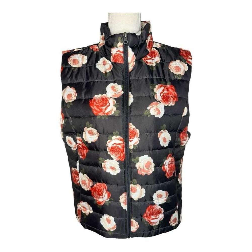 LOFT Black Floral Puffer Vest
